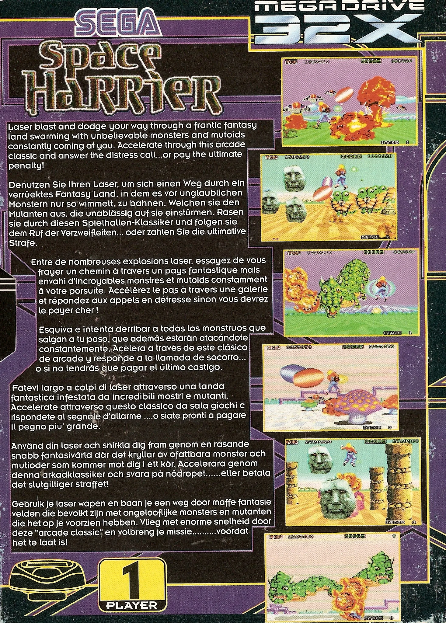 Contracoberta europea de Space Harrier per a Sega 32X, amb textos multilingües i captures del joc.