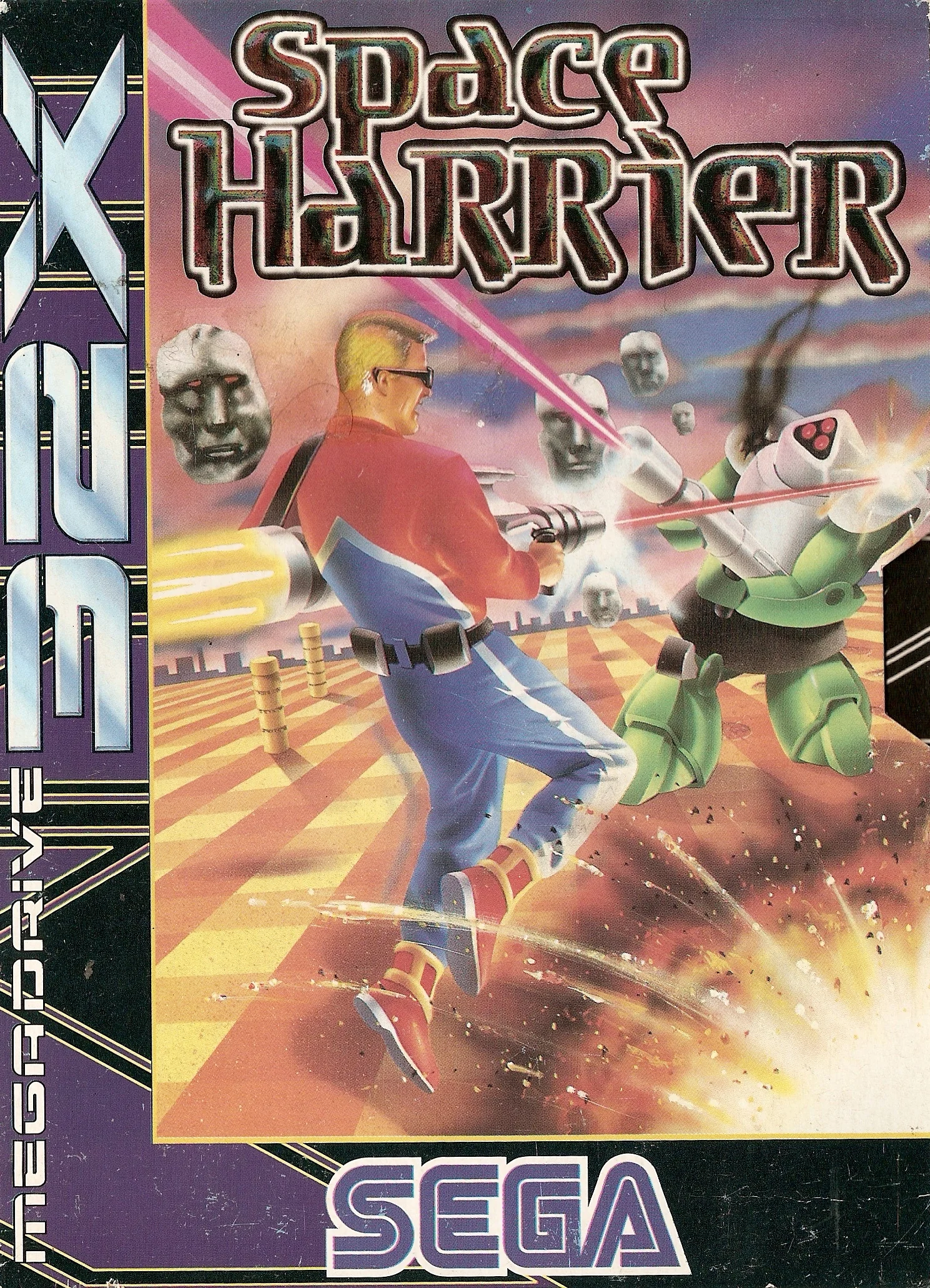 Portada europea de Space Harrier per a Sega 32X, amb Harrier disparant contra un robot verd.