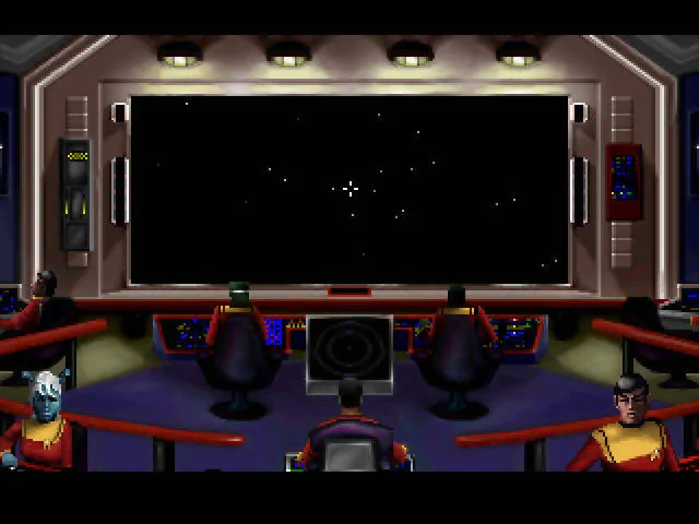 Combat vist des del pont, amb la tripulació sota la pantalla espacial i un reticle al centre.