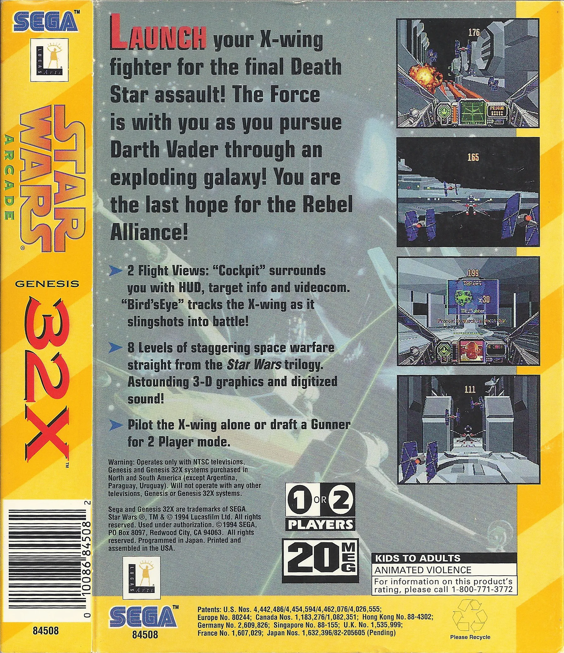 Contracoberta nord-americana de Star Wars Arcade per a Sega 32X, amb quatre captures i informació del cartutx.