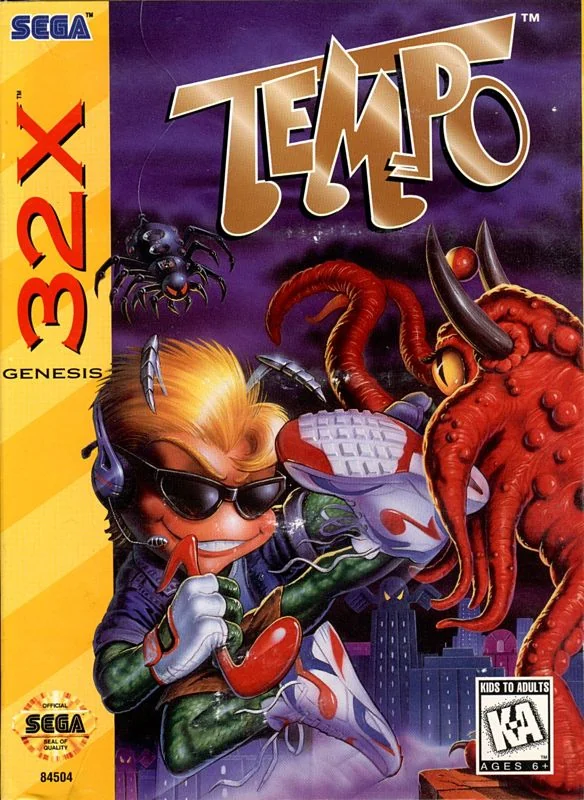 Portada nord-americana de Tempo per a Sega 32X, amb el protagonista fugint de diverses criatures.