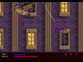 Spider-Man es balanceja davant d'un edifici mentre fragments de runa cauen sobre el recorregut.