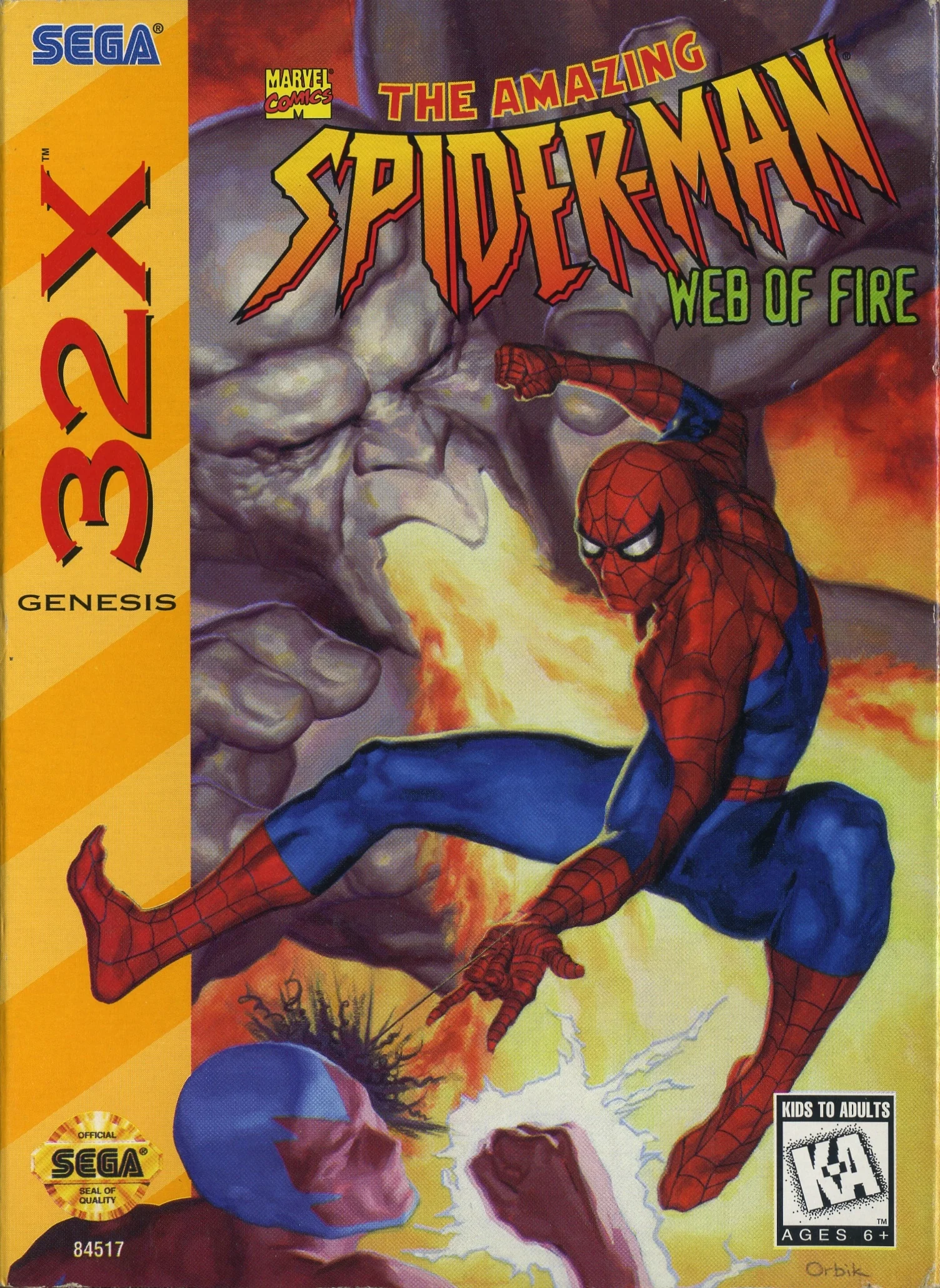 Portada nord-americana de The Amazing Spider-Man: Web of Fire per a Sega 32X, amb Spider-Man davant d'una ciutat en flames.
