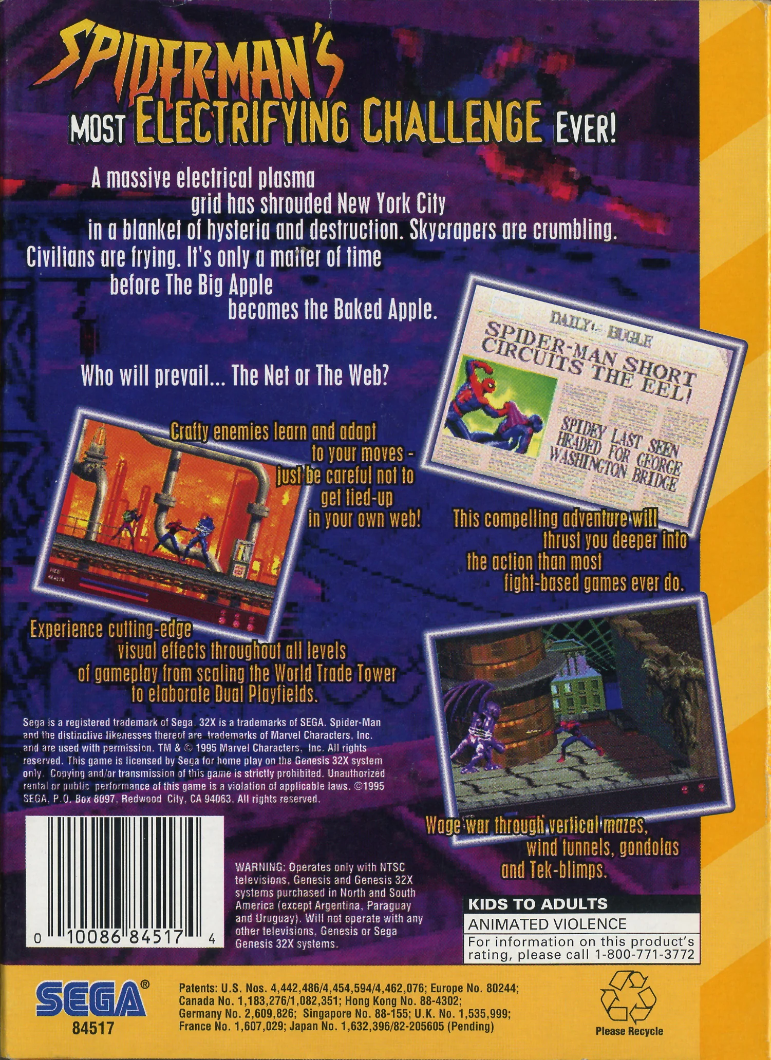 Contraportada nord-americana de The Amazing Spider-Man: Web of Fire per a Sega 32X, amb captures, text promocional i codi de barres.