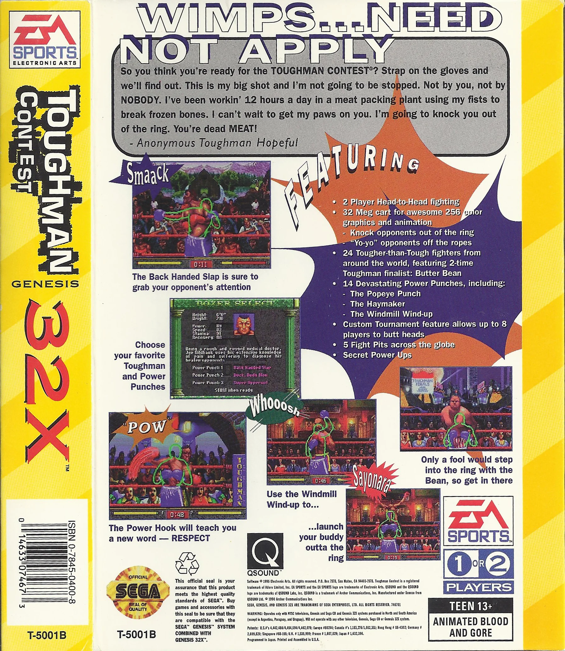 Contraportada nord-americana de Toughman Contest per a Sega 32X, amb característiques i captures de combats.