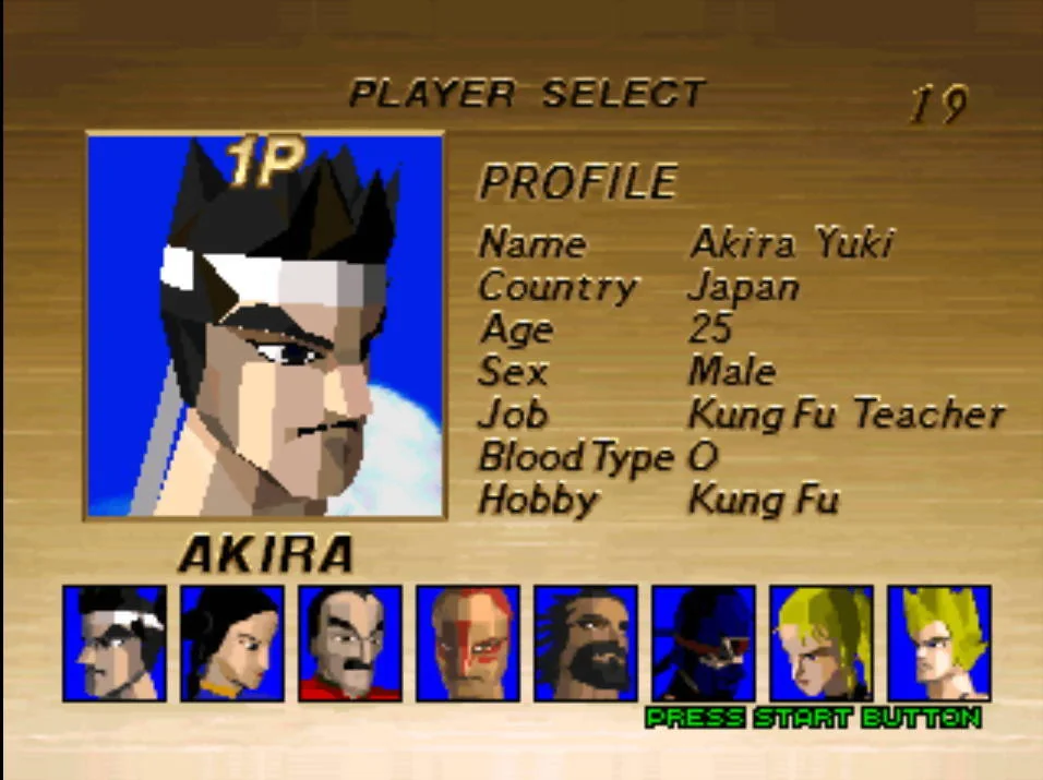 Pantalla de selecció de Virtua Fighter per a Sega 32X amb Akira Yuki ressaltat i el seu perfil visible.