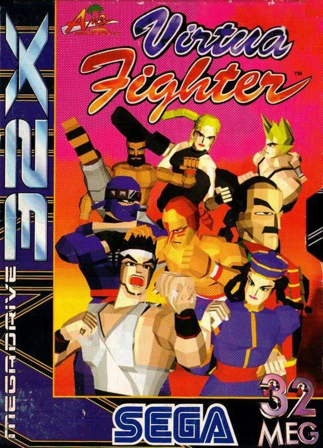 Portada europea de Virtua Fighter per a Sega 32X amb els vuit lluitadors poligonals sobre un fons vermell.