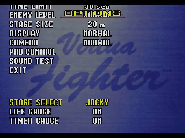 Pantalla d’opcions de Virtua Fighter per a Sega 32X amb ajustos de temps, dificultat, ring, càmera i indicadors.