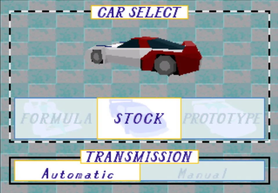 Pantalla de selecció amb el cotxe Stock i la transmissió automàtica marcada.