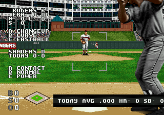 Partit de World Series Baseball Starring Deion Sanders vist des de darrere del batedor, amb el llançador al centre i dades del torn.