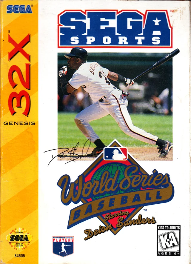 Portada nord-americana de World Series Baseball Starring Deion Sanders per a Sega 32X, amb Deion Sanders preparat per batejar.