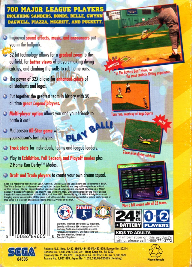Contraportada nord-americana de World Series Baseball Starring Deion Sanders per a Sega 32X, amb text promocional i captures del joc.