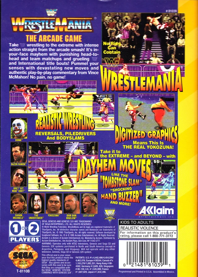 Contraportada nord-americana de WWF WrestleMania: The Arcade Game per a Sega 32X, amb retrats i captures de combats.
