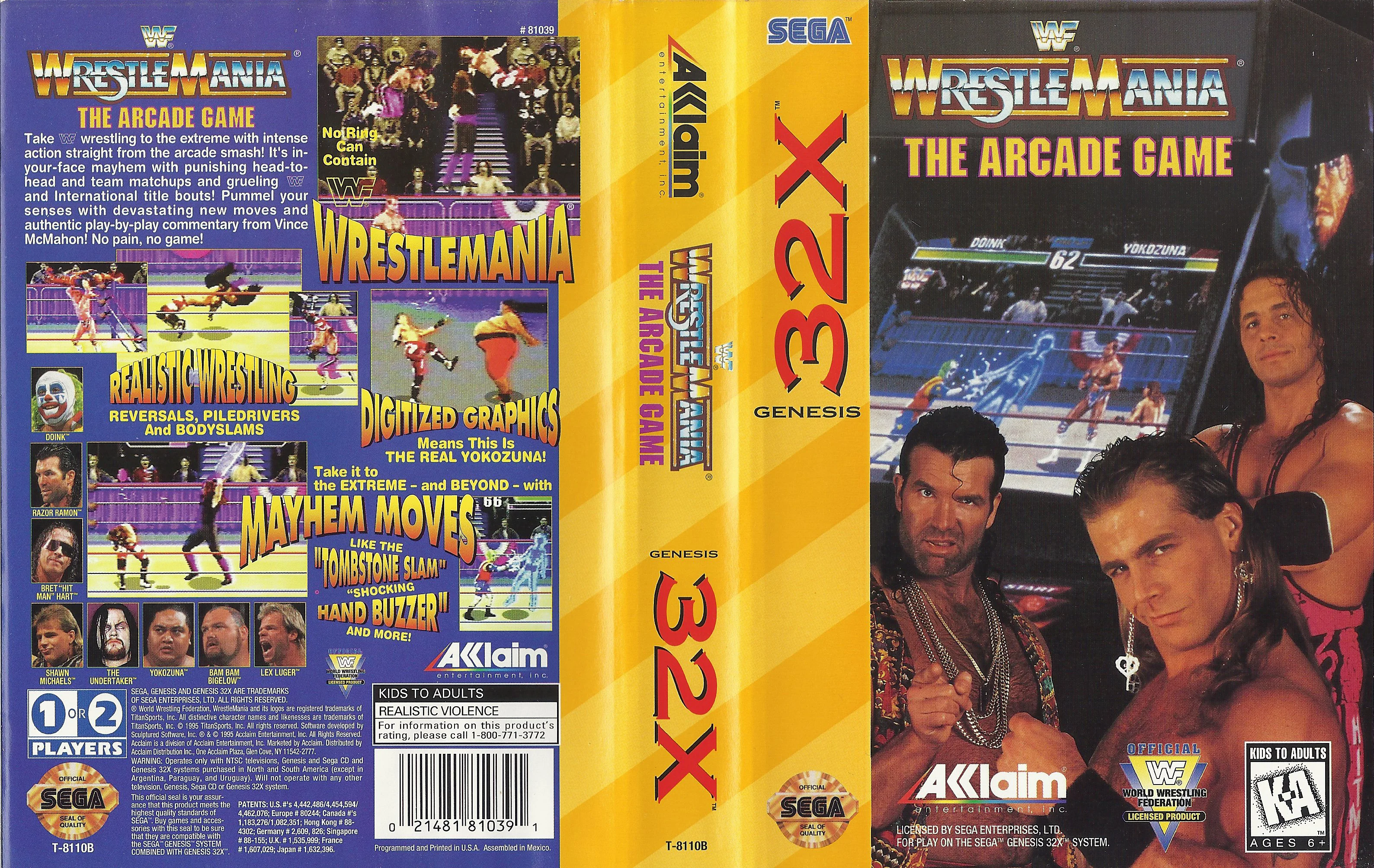 Caràtula nord-americana desplegada de WWF WrestleMania: The Arcade Game, amb portada, llom i contraportada.
