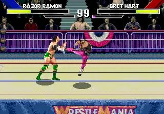 Razor Ramon i Bret Hart combaten al ring amb energia, temporitzador i marcador visibles.
