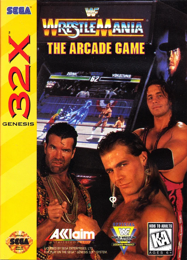 Portada nord-americana de WWF WrestleMania: The Arcade Game per a Sega 32X, amb Razor Ramon, Shawn Michaels i Bret Hart.