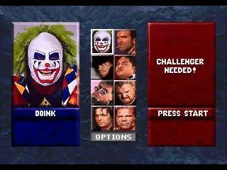 Pantalla de selecció amb Doink ressaltat entre els vuit lluitadors de l’edició de Sega 32X.