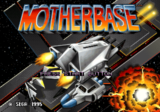 Pantalla de títol europea amb el logotip Motherbase, una nau i una explosió.