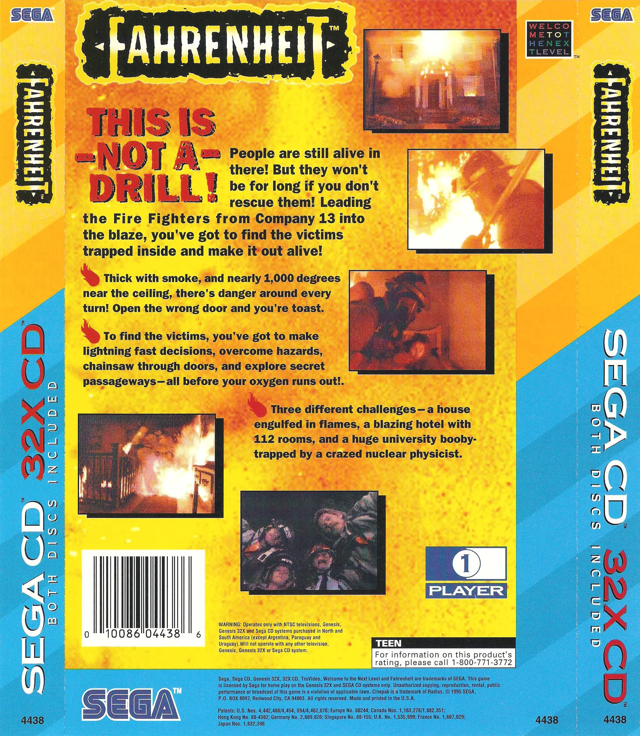 Contraportada i lloms de la capsa nord-americana de Fahrenheit per a Sega CD 32X.