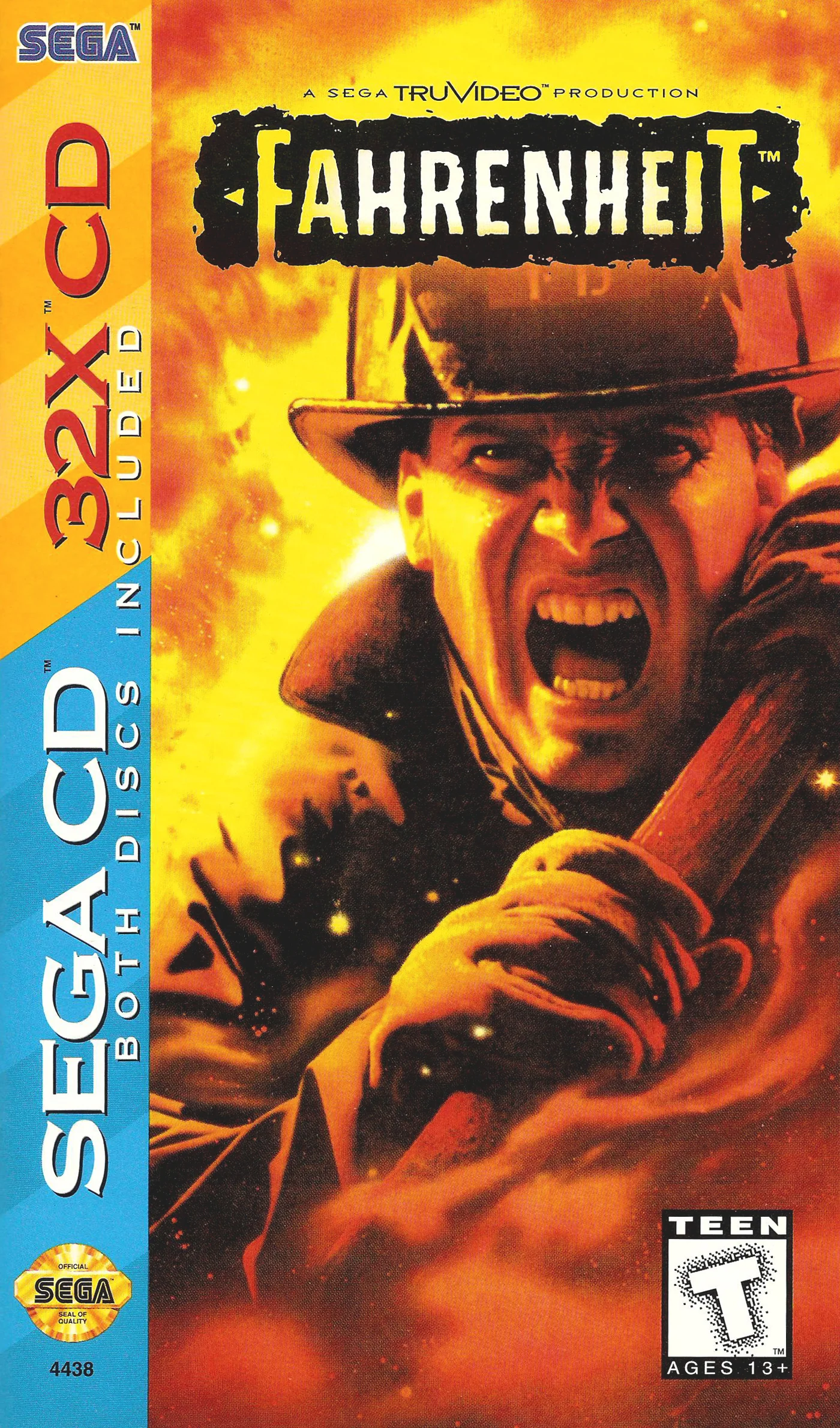 Portada nord-americana de Fahrenheit per a Sega CD 32X, amb un bomber envoltat de flames.