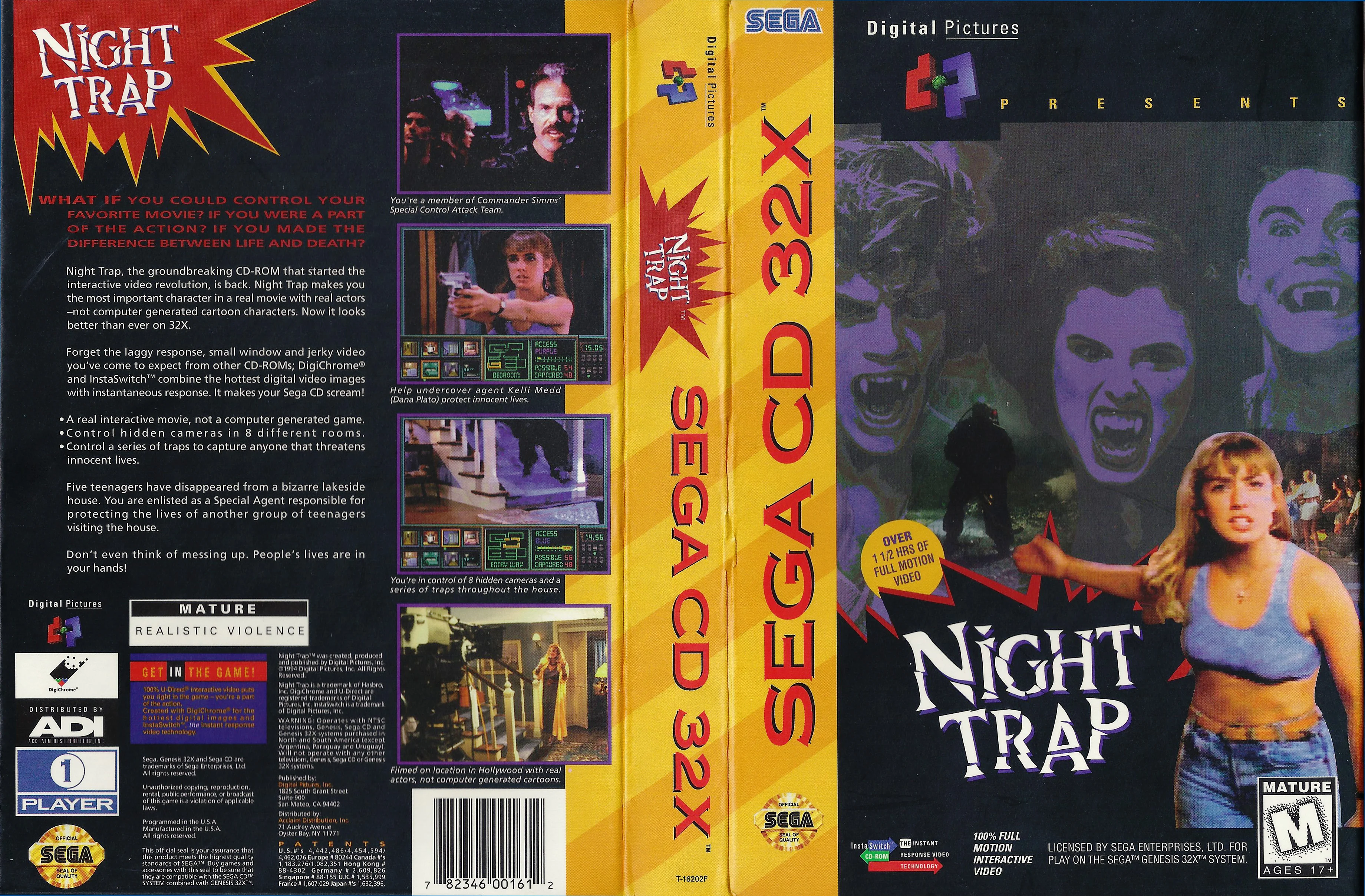 Caràtula desplegada nord-americana de Night Trap per a Sega CD 32X, amb frontal, llom i contraportada.