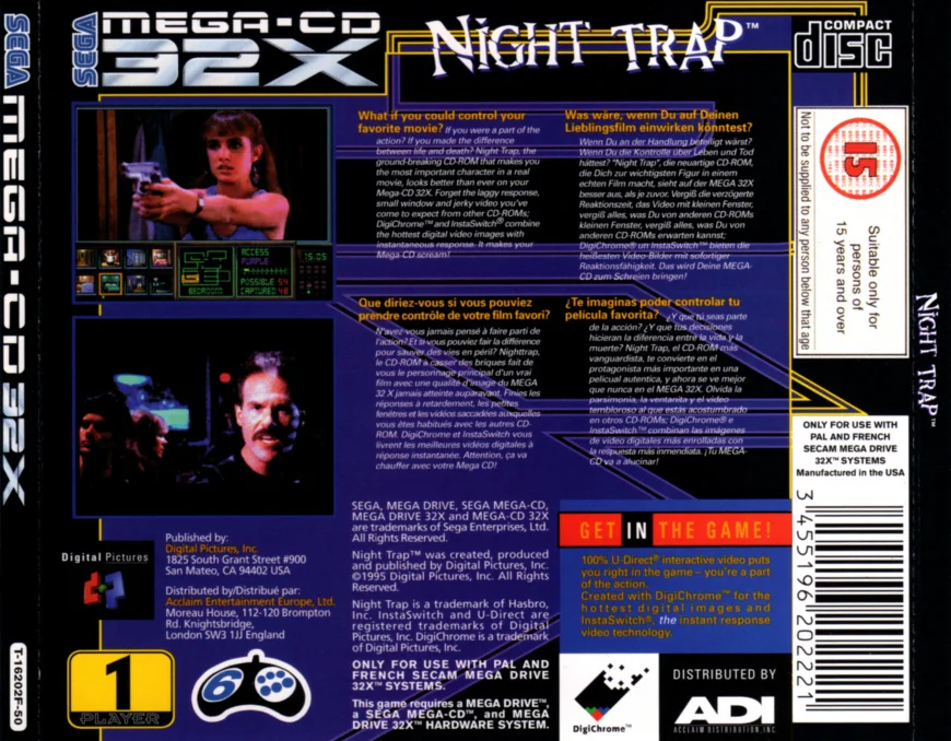 Contraportada europea de Night Trap per a Sega CD 32X, amb captures i requisits en diversos idiomes.