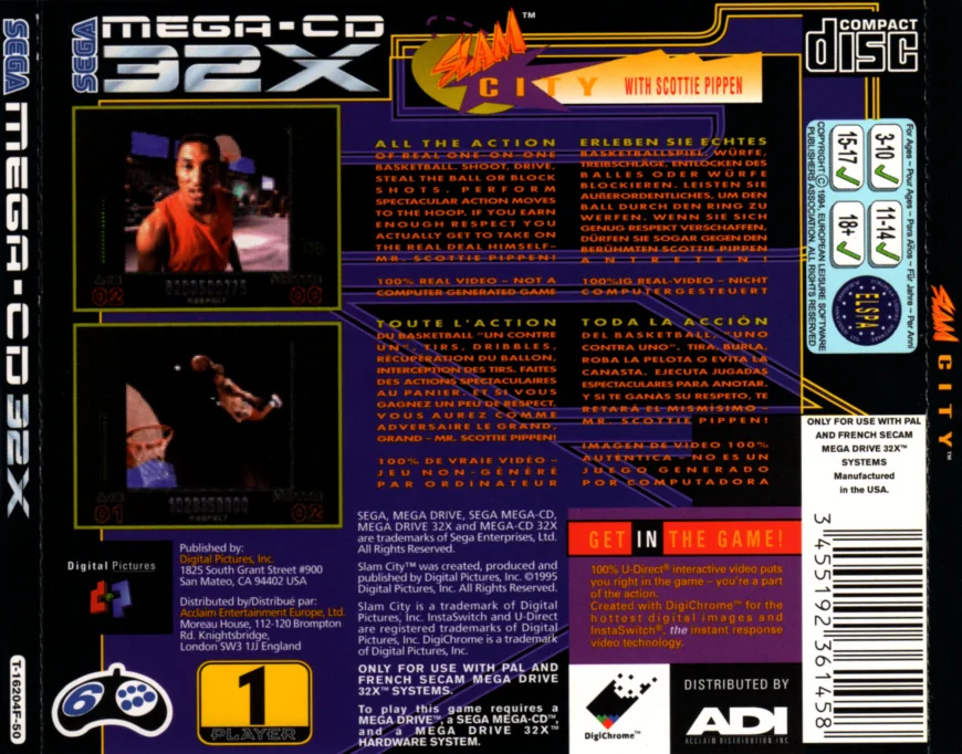 Contraportada europea de Slam City with Scottie Pippen per a Sega CD 32X, amb captures, descripcions multilingües i dades editorials.
