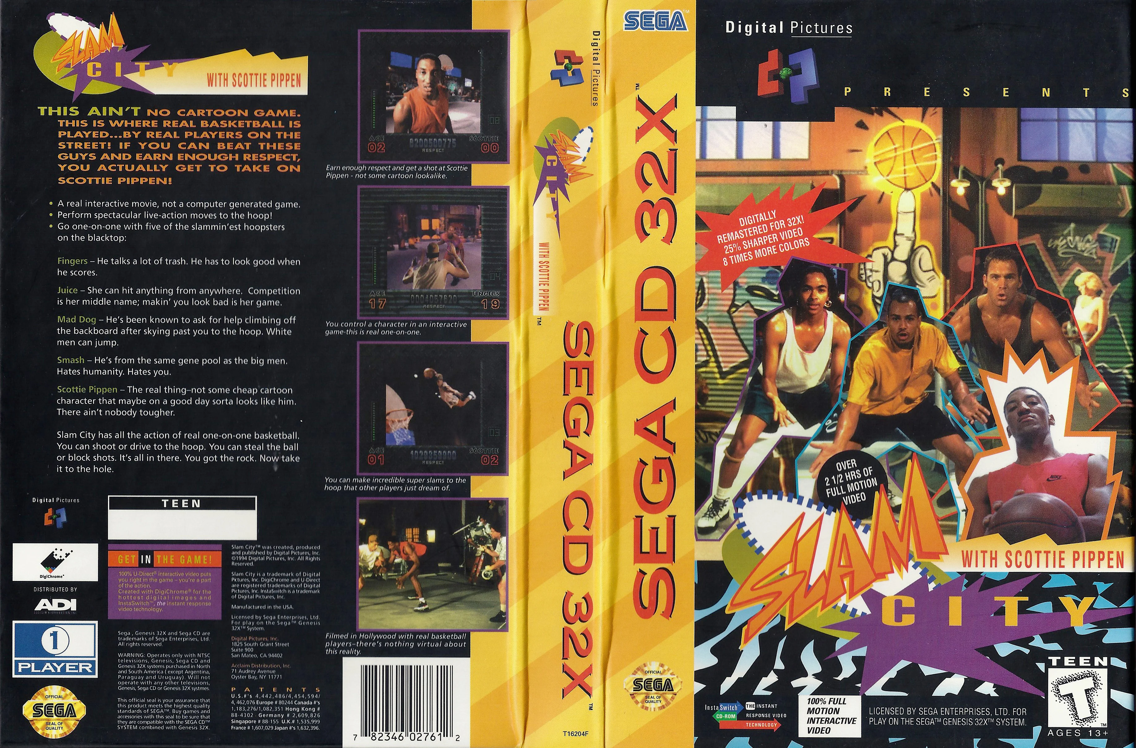 Coberta desplegada nord-americana de Slam City with Scottie Pippen per a Sega CD 32X, amb portada, llom i contraportada.