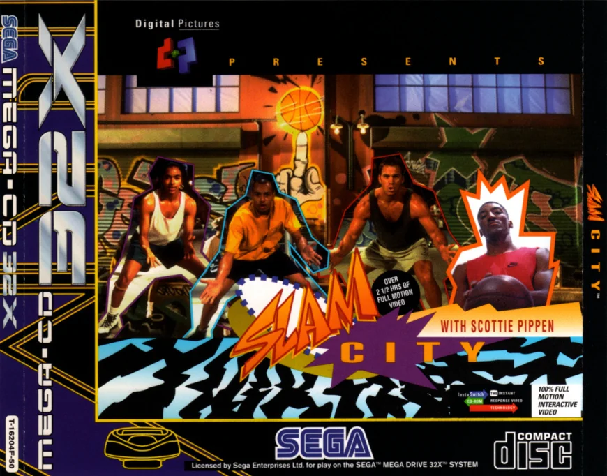 Portada europea de Slam City with Scottie Pippen per a Sega CD 32X, amb diversos jugadors davant d’una pista urbana.