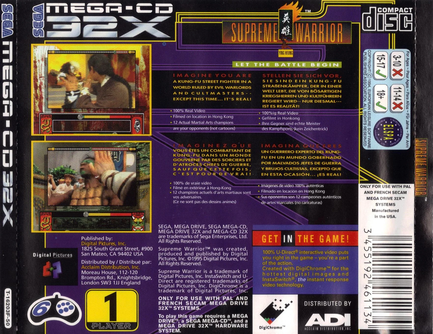 Contraportada europea de Supreme Warrior amb captures, text multilingüe i marques de Mega-CD 32X.