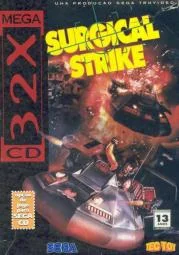 Portada brasilera de Surgical Strike per a Sega CD 32X, amb un helicòpter atacant una ciutat en flames.