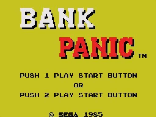 Pantalla de títol de Bank Panic per a SG-1000 amb opcions d’inici per a un o dos jugadors.