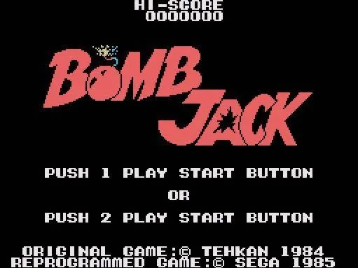 Pantalla de títol de Bomb Jack amb les opcions per a un o dos jugadors i els crèdits de Tehkan i Sega.