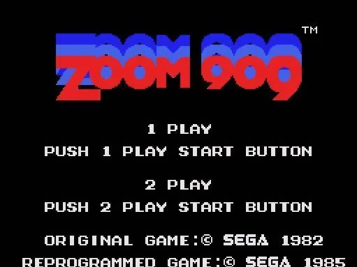 Pantalla de títol de Zoom 909 amb opcions per a un o dos jugadors i crèdits separats de 1982 i 1985.