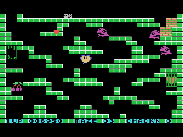 Laberint 03 de Chack’n Pop amb Chack’n, tres Monsta, un cor vermell i dues portes verdes.