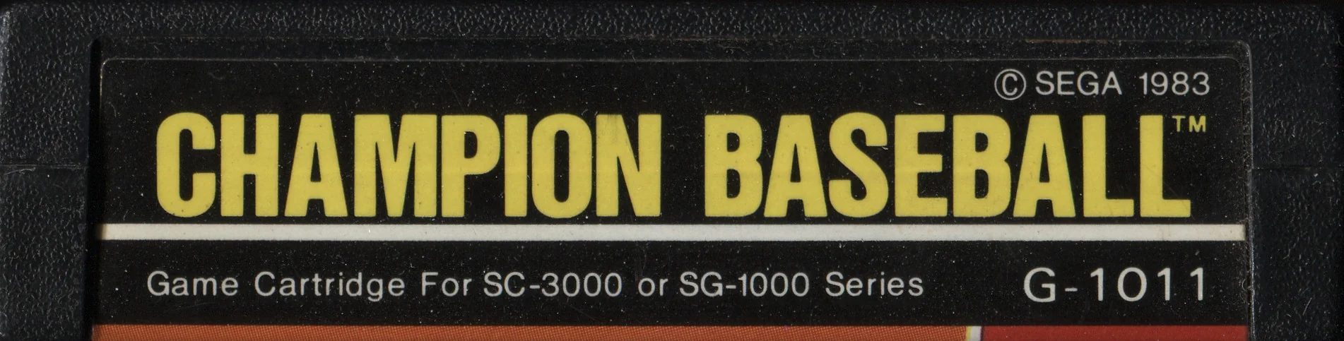 Etiqueta japonesa del cartutx de Champion Baseball amb el codi G-1011, compatibilitat SC-3000 i SG-1000 i avís de drets d’autor de 1983.