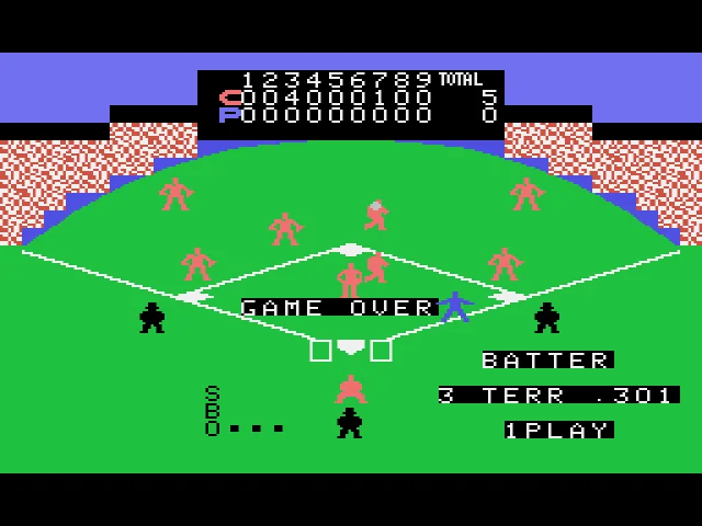 Pantalla de final de partida de Champion Baseball amb el camp immòbil, el missatge GAME OVER i un marcador de 5 a 0.