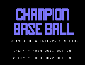 Pantalla de títol de Champion Baseball amb opcions per començar amb un o dos jugadors.