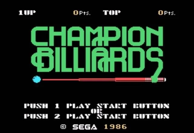 Pantalla de títol de Champion Billiards amb les opcions d’inici per a un o dos jugadors.