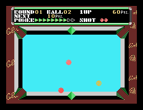 Ronda 1 de Champion Billiards amb tres boles, el cursor, la taula blava i els indicadors superiors.