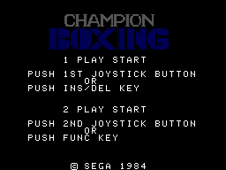 Pantalla de títol de Champion Boxing amb les ordres d’inici per a un o dos jugadors.