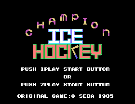 Pantalla de títol de Champion Ice Hockey amb les opcions d’inici per a una persona i per a dues persones.