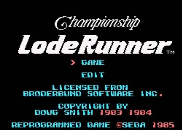 Pantalla de títol de Championship Lode Runner amb les opcions GAME i EDIT i els crèdits de l’edició