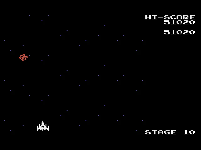 Fase 10 de Sega-Galaga, amb un últim enemic vermell davant del Fighter i una puntuació de 51.020.