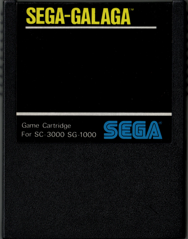 Cartutx negre de Sega-Galaga, amb etiqueta groga, blanca i blava per a SC-3000 i SG-1000.