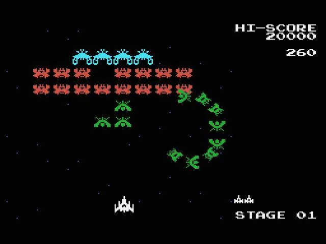 Primera fase de Galaga a SG-1000, amb el Fighter a baix i diverses files d’enemics en formació i moviment.