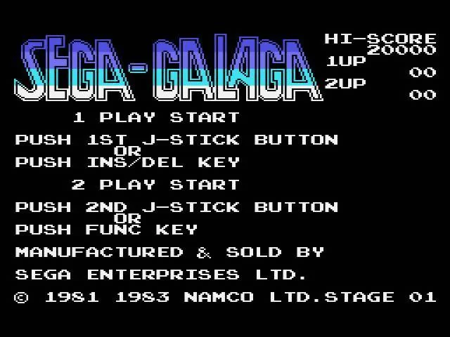 Pantalla de títol de Sega-Galaga a SG-1000, amb opcions per a un o dos jugadors i crèdits visibles.