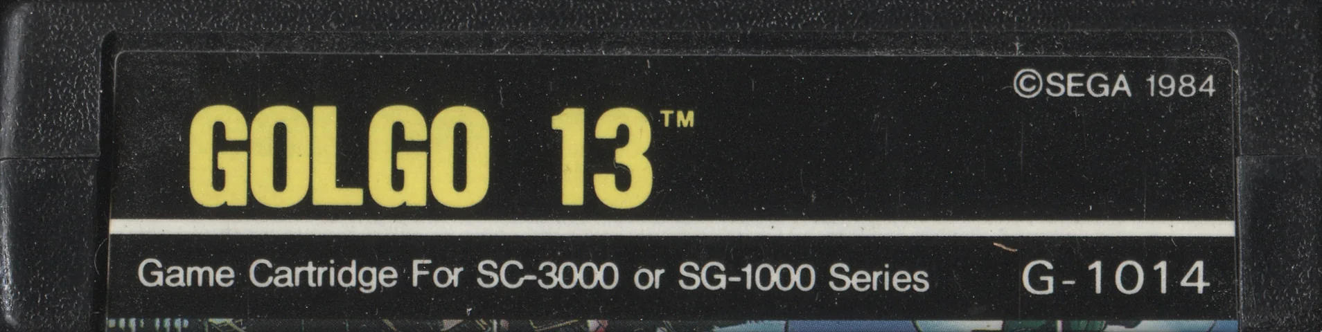 Etiqueta del cartutx de Golgo 13 amb el codi G-1014 i la indicació d’ús amb SC-3000 o SG-1000.