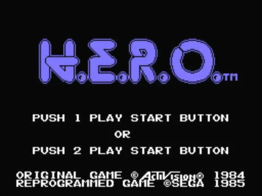 Pantalla de títol de H.E.R.O. amb opcions per a un o dos jugadors i crèdits d’Activision i Sega.
