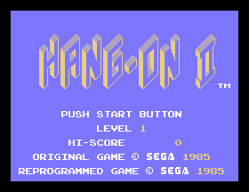 Pantalla de títol de Hang-On II amb el nivell 1, la puntuació màxima i la invitació a començar.